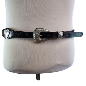 Vtg 90s black leather heart concho Southwestern country belt